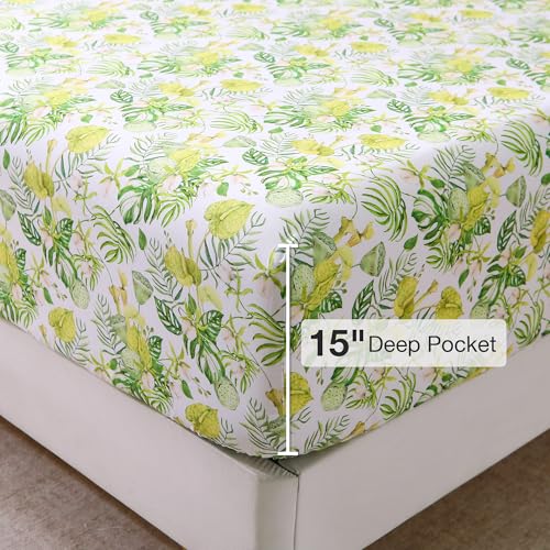 Image of Viviland Floral Twin Sheet Set - 3 Piece Jungle Greenery Botanical Patterned Bed Sheets - Soft, Breathable Microfiber Sheets with Deep Pocket, Non-Slip Fitted Sheets & Pillowcases