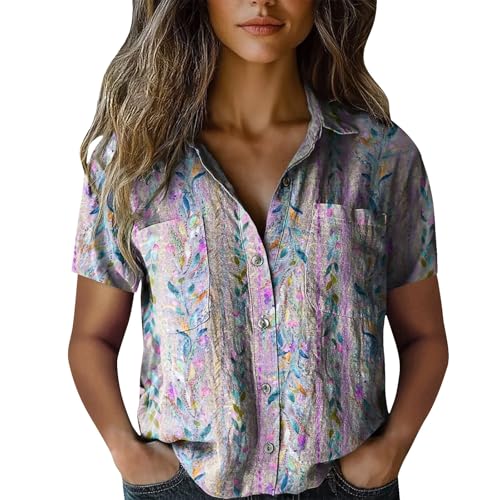Womens Floral Button Down Shirts Women Cotton Shirt Printed V Neck Button Down Casual Tops Short Sleeve Blouse