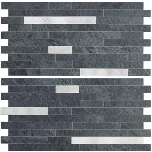 AULIGET 2 Sheets Black Slate Peel and Stick Backsplash, PVC Mixed Metal Silver Wall Tile Stick on Backsplash for Kitchen and Bathroom