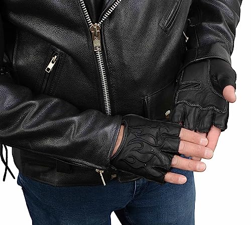 Image of Milwaukee Leather SH198 Men's Black Flame Embroidered Fingerless Gloves with Gel Palm | Padded Comfort; Vibration Relief; Flame Embroidery
