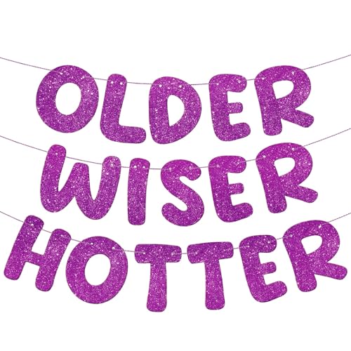 Image of Fulmoon Set of 3 Pre Strung Older Wiser Hotter Glitter Banner Funny Birthday Banner for Women 30th 40th 50th 60th 70th 80th Birthday Party Decorations Sign Gift(Purple)