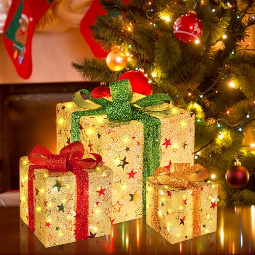 Mineup LED Geschenkboxen, 3er Weihnachtsdeko mit Timer, 8 Modi Weihnachts Dekoboxen, Beleuchte Weihnachtenbox, Weihnachts Dekoration für Weihnachten Advent Winter Christbaum Deko Unter Weihnachtsbaum