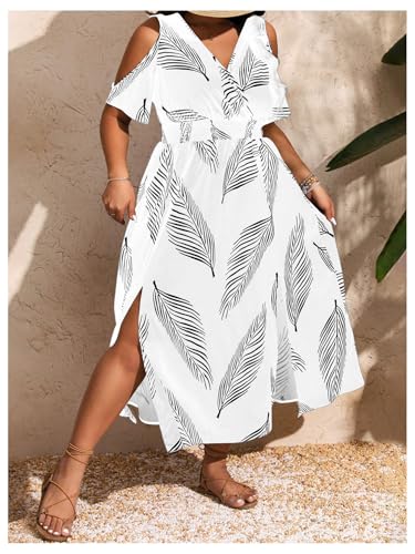 Image of Floerns Women's Plus Size Cold Shoulder Tropical Print V Neck Flared A Line Long Dress