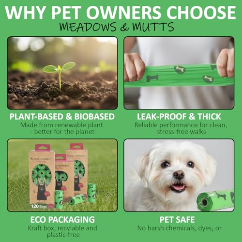 Image of MEADOWS & MUTTS Dog Poop Bags - 120 Count Compostable Biodegradable Plant Based Pet Waste Bags | Leak Proof Extra Thick | Lavender Scented Eco-Friendly Puppy Poop Bags