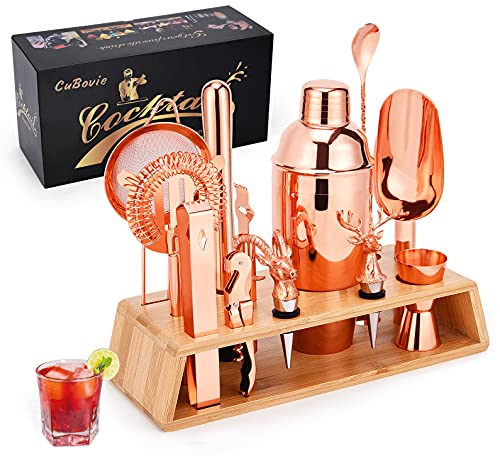 Cubovie Cocktail Shaker Set Bartender Kit with Stand: 15 - Piece Cocktail Bar Set Bar Kit Cocktail Kit Bar Sets For The Home Bartending Kit Bar Tools Set & Cocktail Recipes Cards (Rose Copper)