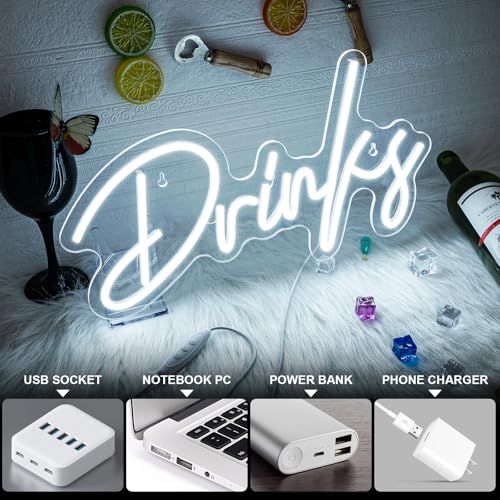 Image of Looklight Drinks Neon Sign Bar Neon Signs for Wall Decor Neon Sign For Room White Neon Light Sign Led Neon Bar Signs USB Connectivity Light Up Wall Decor for Teen Room Bedroom Store