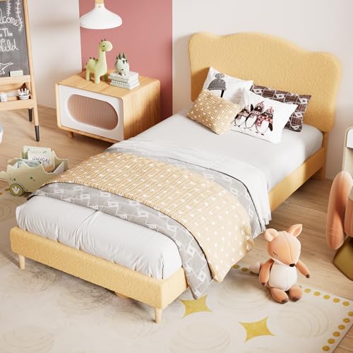 GarveeHome Upholstered Twin Size Bed Frame for Kids with Scallop Headboard, Cute Velvet Twin Bed for Girls, Boys, Sturdy Platform Bed, No Box Spring Needed, Wooden Slats, Noise Free, Yellow