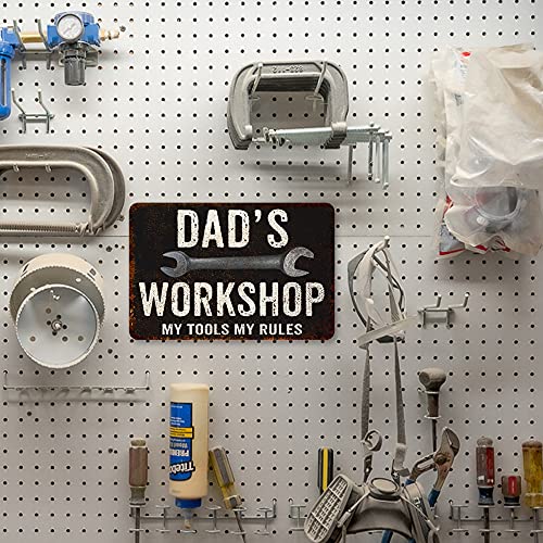 Dad's Workshop Sign Man Cave Rustic Décor Accessories Bar Beer Gift Dad Workshop Fathers Grill Gas Mechanic Men Motorcycle Plaque Pub Rod Room Rustic Mancave 8 X 12 High Gloss Metal 208120061074 #TOP3