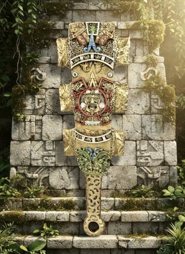 Aztec Warrior Weapon Wall Decor, Gold-Tone Ceremonial Macuahuitl Replica with Ancient Mayan Design, Decorative Temple Art Piece