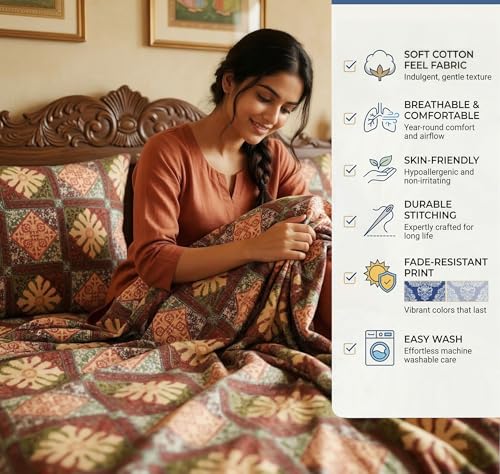 Image of BSB HOME Premium Cotton Double Bedsheet with 2 Pillow Covers, 240 TC Soft Breathable, Skin Friendly & Hypoallergenic, Jaipuri Printed (90 x 100 Inches) (Geometric Jaal Print - Muted Coral)