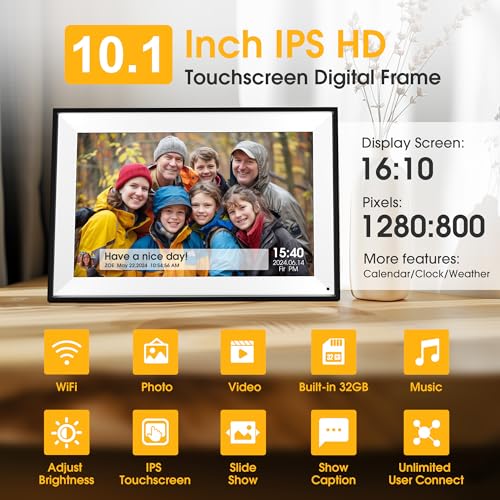 EMITEVER 10.1 Inch WiFi Digital Picture Frame 32GB Storage,1280x800 IPS HD Touch Screen Smart Digital Photo Frame with SD Card Slot, Auto-Rotate Electronic Digital Frame Share Pohtos/Videos Instantly - Thumbnail 3