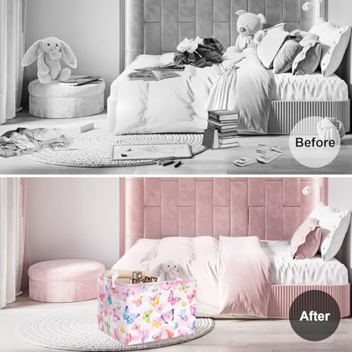 Image of Clastyle Kid Storage Basket Butterfly Foldable Clothes Laundry Hamper, 36L | Waterproof Large Book Gift Toy Organizer Nursery Bin, Girl Room Playroom Bedroom Bathroom, Dream Purple Pink Shelf Basket