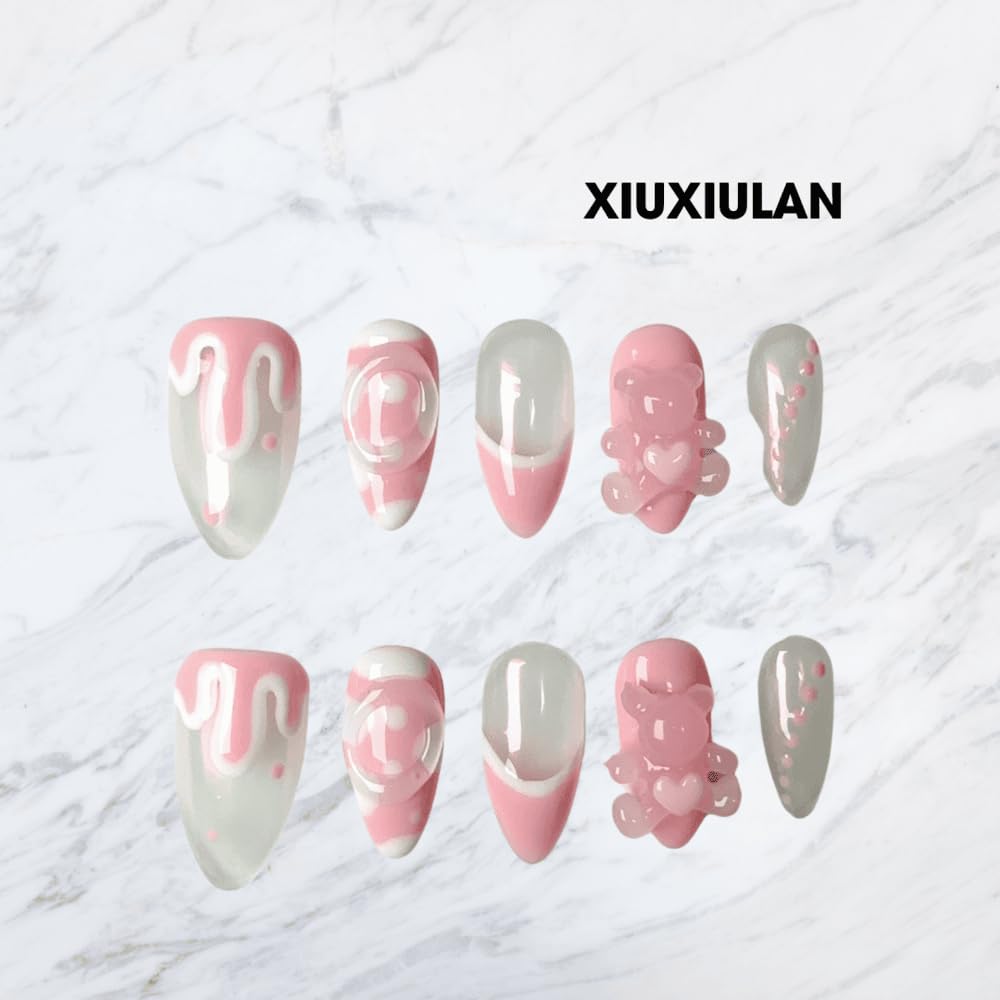 Pink Bear Aurora Sweet Cute Handmade Press on Nails Almond, Cartoon Glossy Sheer 3D Nude False Nails, Soft Gel 10 pcs (Pink XS, XS)