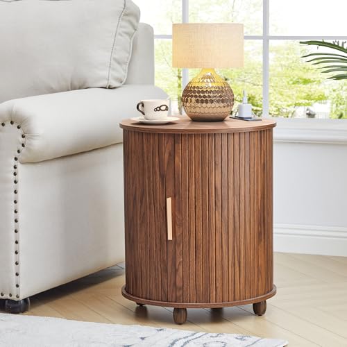 Image of 18 Inch Nightstands Set of 2, Fluted Round Wood Nightstand with Charging Station, Small End Table for Living Room, Sliding Door Round Side Table with Storage for Bedrrom (18 inch, Walnut)