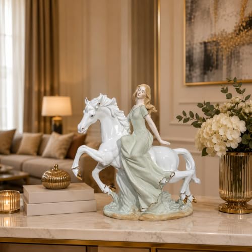 Image of Armonia Royal Grace Lady with Horse Figurine, Premium Ceramic Statue with 24K Gold-Plated, Luxury Home Decor Showpiece for Living Room, Office,Shelf Decoration, Housewarming & Gift for Women,11.8 Inch