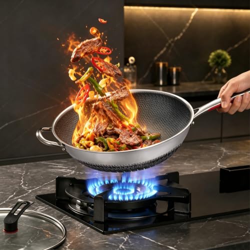 12.6" Lake Tian Tri-Ply Chemical Free Laser Etched Honeycomb Nonstick Stainless Steel Wok Pan w/ Glass Lid - image 2
