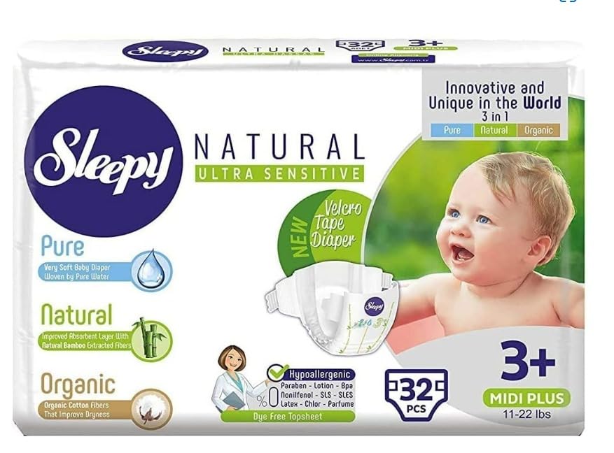 Image of SOHO | Sleepy Natural Baby Diapers, Made from Organic Cotton and Bamboo Extract, Ultimate Comfort and Dryness, Disposable Diapers Snuggle Diaper (size 3+ (3pk =96 count))