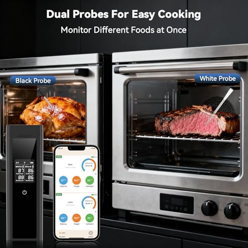 Smart Wireless Meat Thermometer Digital, 2 Probes, Advanced Bluetooth Food Thermometer for Cooking, IP67, Real-Time Monitoring & Smart Alerts with APP for BBQ, Grill, Oven, Smoker, Kitchen Gifts