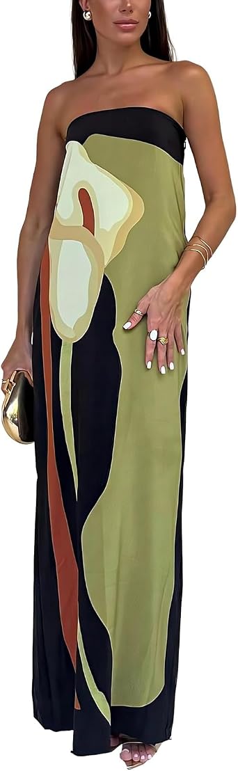Women Y2k Strapless Maxi Dress Summer Backless Floral Long Tube Dress Off Shoulder Cocktail Party Dress