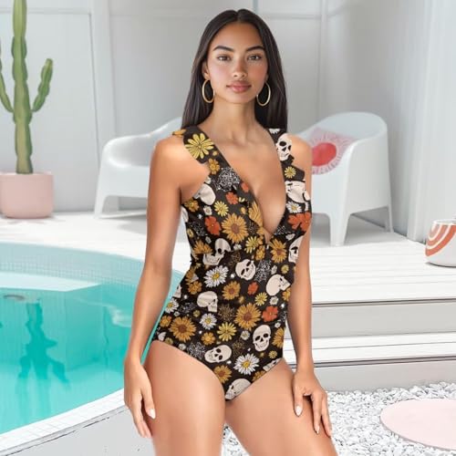 Womens One Piece Swimsuits Tummy Control Ruffle Tie Back Bathing Suit High Waisted Tie Back Swimwear Size XS-2XL3