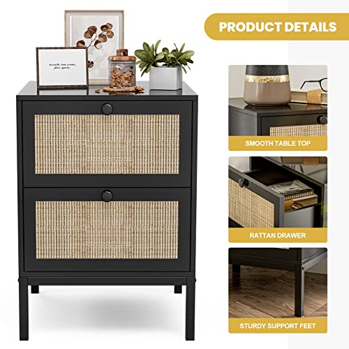 IKIFLY Rattan Nightstand Set of 2, End Side Table with 2 Handmade Natural Rattan Drawers, Accent Bedside Table with Storage for Bedroom, Living Room - Black