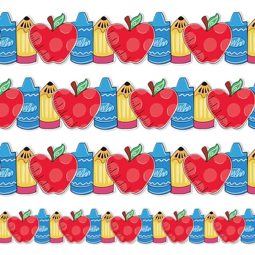 Image of Whaline Back to School Bulletin Board Border Pencil Apples Crayon Die Cut Trim Border Roll for First Day of School Home Party Supplies