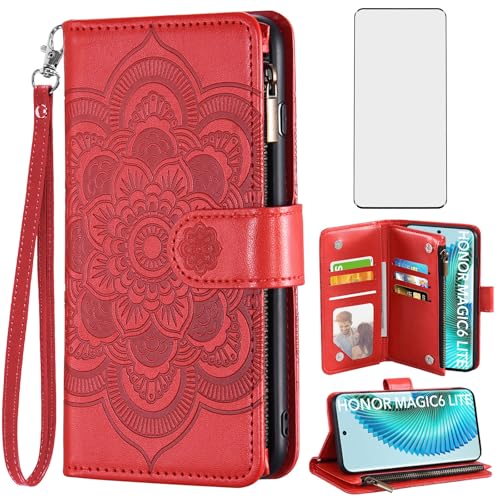 Housse Honor Magic 6 Lite en cuir rouge embossé de fleurs aux finitions soignées