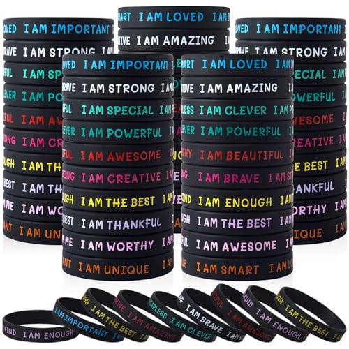 KUCLIN 100 Pieces Students Inspirational Silicone Wristbands Motivational Quotes Rubber Bracelets for Kids Students Back to School Gifts (Black)