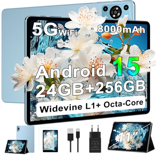 Image of 11 Inch Tablet, 2026 Android 15 Tablets with Octa Core, 24GB+256GB, 13+5MP Camera, Electronics Tablets with Widevine L1, 8000mAh Battery, 5G WiFi, GPS, HD IPS Display, 1TB Expand, BT 5.0 -Metal Blue