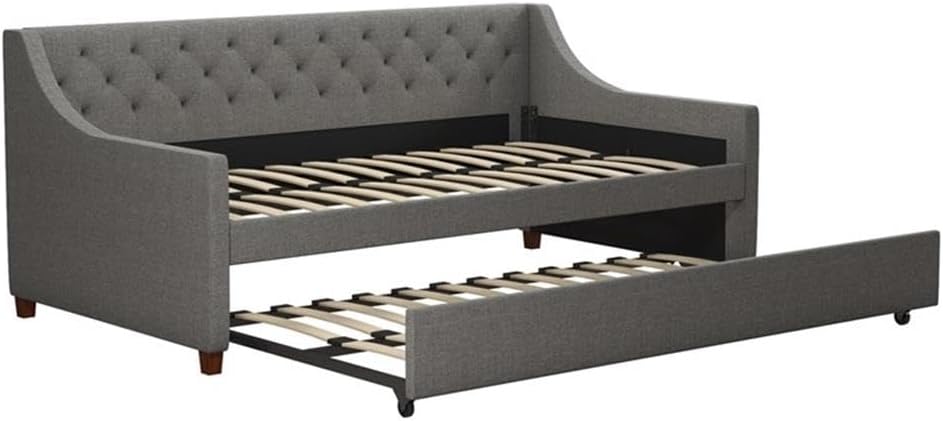 Pemberly Row Daybed with Pull-Out Trundle, Gray Linen Upholstered Wood Frame, Diamond-Tufted Backrest, Wingback Arms, Tapered Brown Legs, Mid-Century Style, Fits Twin Mattresses for Guest Room Use