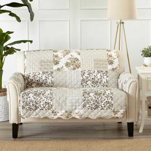 Image of Great Bay Home Reversible Patchwork Loveseat Cover - Washable Slipcover Furniture Protector with Elastic Straps - Perfect for Kids & Pets - Box-Stitched Detail (Taupe)