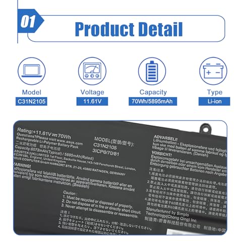 Image of 70Wh C31N2105 Laptop Battery Replacement for ASUS VivoBook 14X OLED X1403ZA VivoBook S 16X M5602QA S5602ZA S1503QA S3502ZA S5402ZA S5602ZA K6602HE M6500QF F1603ZA Series 0B200-04140000 11.61V 5895mAh