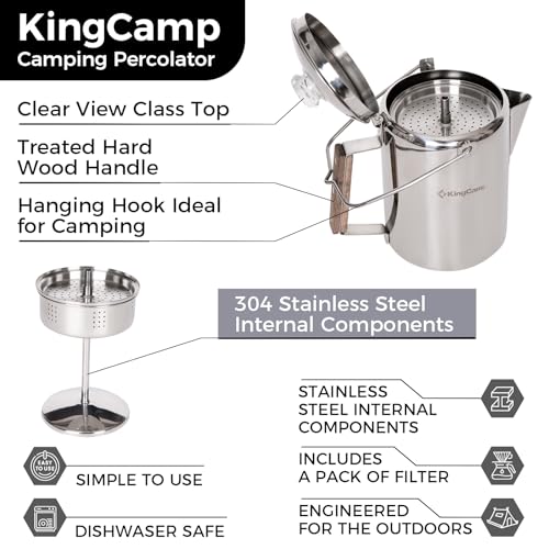 KingCamp Percolator Coffee Pot Campfire Coffee Boiler Kettle 304 Stainless Steel with Wood Handle for Outdoor Camping Cookware, Cabin, RV, Kitchen, Hunting & Backpacking, NO Aluminum or Plastic 9 Cup - Thumbnail 3
