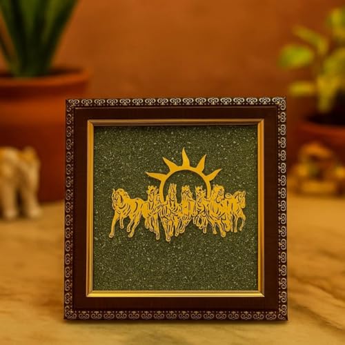 Image of ARKN Vastu Seven Running Horses Wall Art with Sun, Pyrite Stone Wooden Photo Frame, Green and Gold Traditional Decor for Living Room, Money Success and Protection