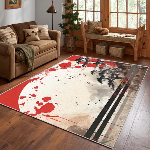 SZLYZM Japanese Rugs for Bedroom - Asian Rug, 6x8 Rug, Oriental Landscape Area Rugs, Tree Carpet, Japanese Home Decor & Room Decor & Gifts, Soft, Washable, Non Slip, Low Pile