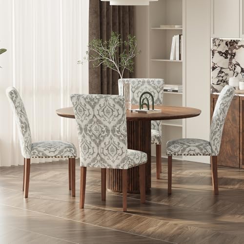 Image of Farmhouse Dining Chairs Set of 4, High Back with Wooden Legs and Nailhead Trim, Modern Fabric Dining Room Chair for Kitchen /Restaurant