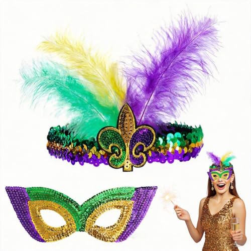 Coiffe et masque à plumes de la Nouvelle Orléans, ensemble d'accessoires de carnaval, coiffe à fausses plumes et masque de bal masqué, convient pour les...