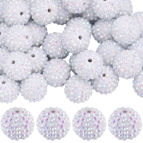 SUNNYCLUE 40Pcs Chunky Resin Rhinestone Beads 20mm White Rhinestone Round Beads Disco Ball Beads Chunky Bead Bulk Bubblegum Beads Spacer Beads for jewellery Making Bracelet Necklace Pen Craft Supplies