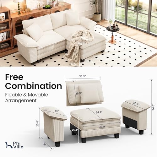 Image of PHI VILLA 87.5 inch Oversized Sectional Loveseat Sofa with 1 Movable Ottoman | Corduroy Beige, Wider Armrest, Comfy Deep Seat, Wood Frame, Modern Cloud Modular Couch for Living Room and Apartment