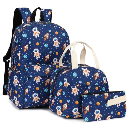 Kouxunt Mochila Escolar Infantil com Estampa de Astronauta, Conjunto 3 Em 1 com Mochila, Lancheira E Estojo (Azul)
