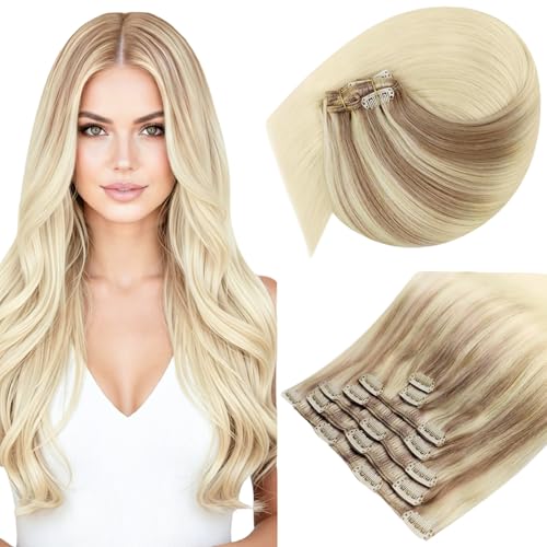 Image of Sunny Hair Clip in Hair Extensions Real Human Hair Ombre Blonde Highlights | Clip on Remy Hair Extensions for Women 20inch, Easy at Home Application for Daily Use and Special Occasions 120g