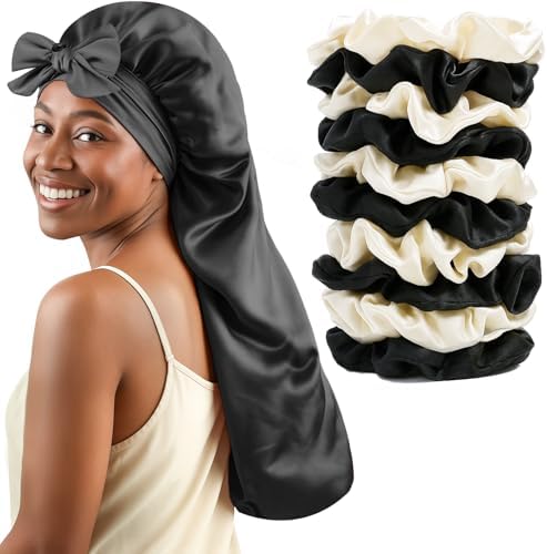 Long Hair Bonnet for Women, XL Silky Satin Sleeping Cap with Tie Band for Braids Curly Hair, Includes 10PCS Scrunchies