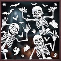 Halloween Window Skeleton Stickers- Extra Large Stereoscopic Effect Skeleton, Bat, Ghost & Spider Decals for Window Decorations - Reusable Window Clings for Home Classroom Office Haunted Party