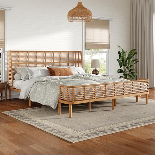 Image of Christopher Knight Home Lamar Boho Rattan King Bed Frame and Headboard, Farmhouse PE Wicker King Size Bed Frame, Metal King Platform Bed Frame, No Box Spring Needed, Easy Assembly, Natural Finish