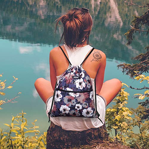 Image of WANDF Drawstring Backpack, Gym Sackpack for Sports (Blue Flower) | Water-Resistant, Shopping, Yoga, Travel, Beach, Daily Carry