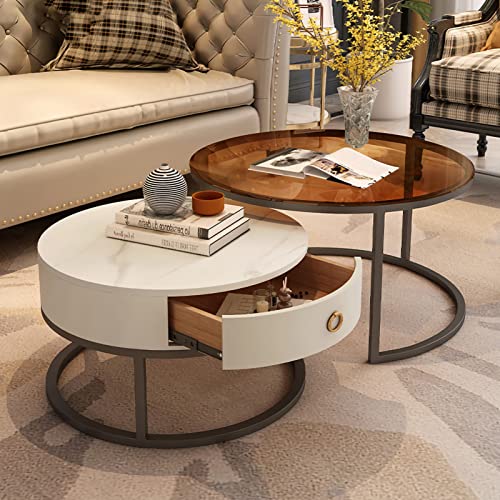 Juego de 2 mesas de centro redondas modernas con tapa de vidrio y cajón de almacenamiento, marco de metal, mesa central para sala de estar, elegante mesa de té de escritorio de pizarra para