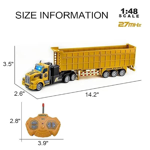 RC Dump Truck with Trailer - 14" 1:48 Mini Semi Truck Toy with 2 Rechargeable Batteries, Remote Control Car Construction Vehicles with Lights, Engineering Tractor Toy for 3 4 5 Years Kids Boys Girls by KNACKTOYZ - Used condition - Image 6