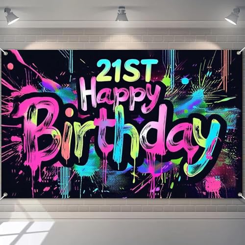 Image of HOMETITUTE Neon 21st Happy Birthday Banner 71x43 Inch Paint Splatter Glow in The Dark Party Backdrop Colorful Wall Decor for Adults Boys Girls Twenty First Birthday Celebrations Props Event Supplies