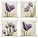 Fundas de Cojín 60x60cm Tulipán Morado Funda de Almohada Lino de Algodón Suave Funda de Almohada Cuadrado Juego de 4 Funda de Cojines Decorativa para Sofá,Cama Hogar,Coche,Interior,Exterior
