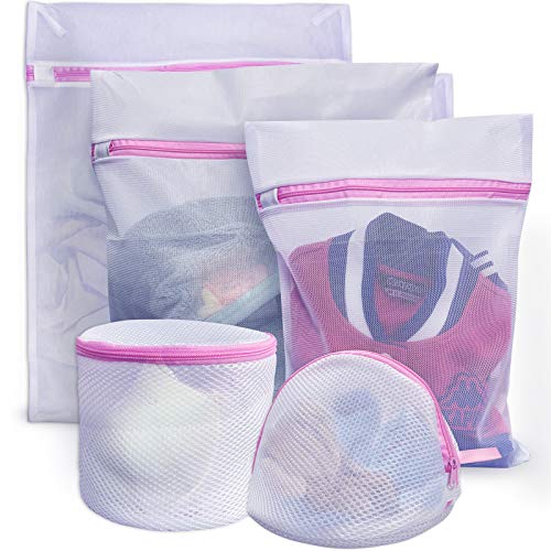 Mesh Laundry Bags Set of 5 - Polyester Lingerie Bags for Laundry | Reusable Laundry Lags for Delicates | Washer Bag for Underwear Bra Clothes (Pink |1 Large 1 Medium 1 Small 2 Lingerie Bags)